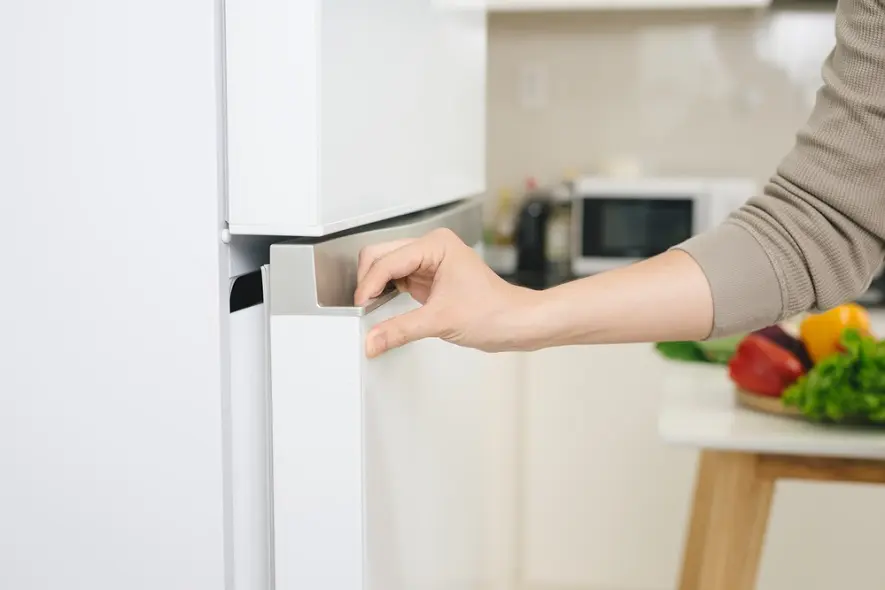 冷蔵庫を開けようとしている女性の手